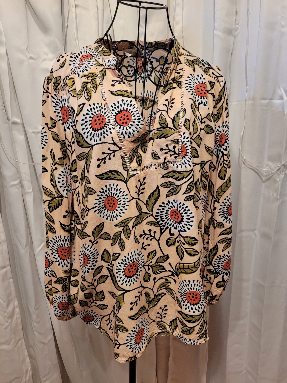 LOFT Pink Floral V-Neck Long Sleeve Blouse